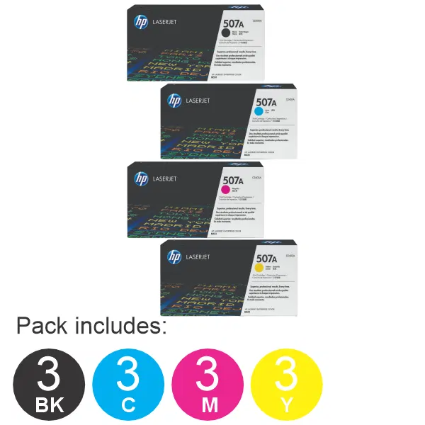 12 Pack HP #507A (1BK,1C,1M,1Y) Toner Cartridge