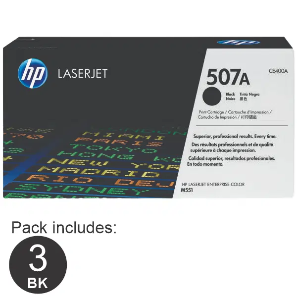 3 x HP #507A Black Toner Cartridge CE400A