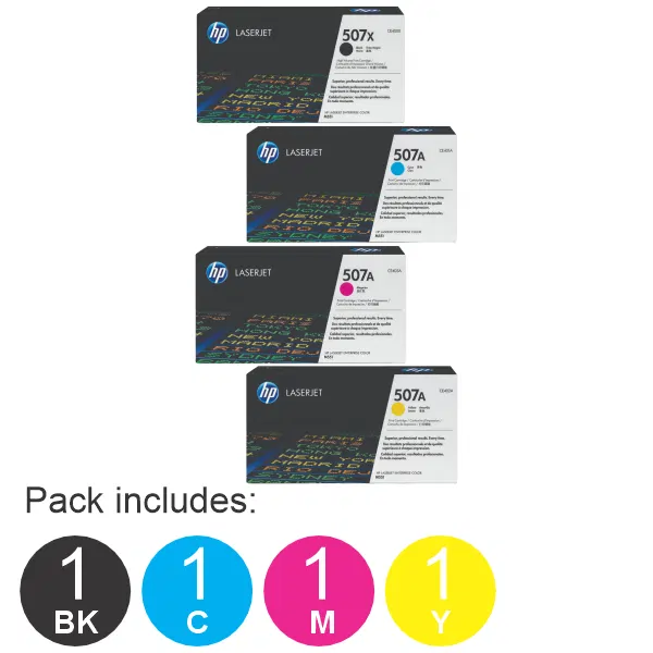 4 Pack HP #507X (1BK) & #507A (1C,1M,1Y) Toner Cartridge