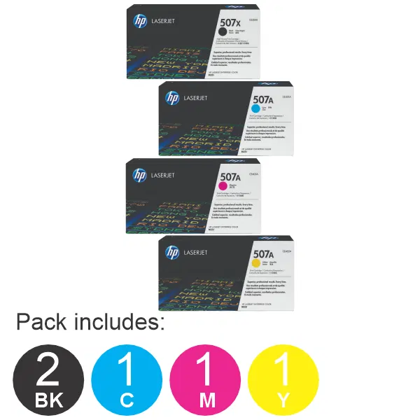 5 Pack HP #507X (1BK) & #507A (1C,1M,1Y) Toner Cartridge