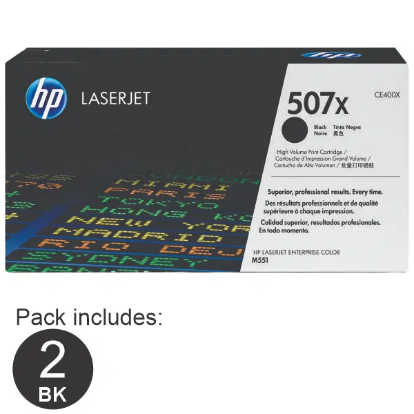 2 x HP #507X Black Toner Cartridge CE400X