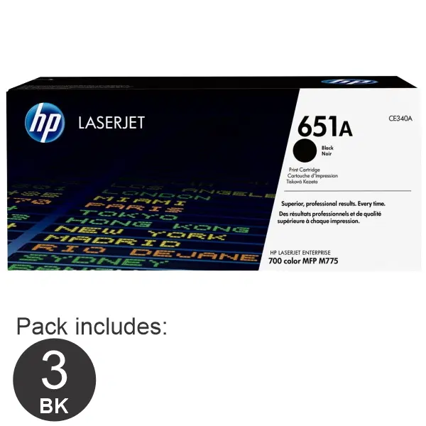 3 x HP #651A Black Toner Cartridge CE340A