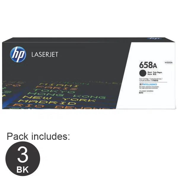 3 x HP #658A Black Toner Cartridge W2000A