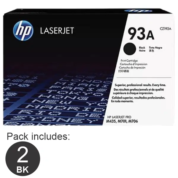 2 x HP #93A Black Toner Cartridge CZ192A