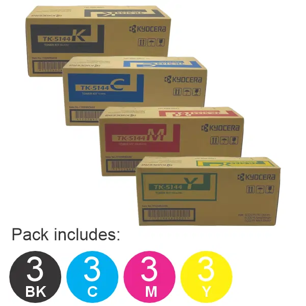 12 Pack Kyocera TK5144 (1BK,1C,1M,1Y) Toner Cartridges