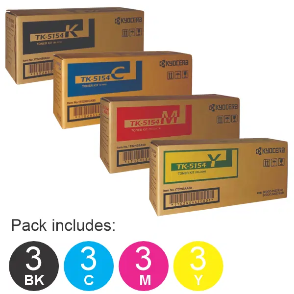 12 Pack Kyocera TK5154 (1BK,1C,1M,1Y) Toner Cartridges