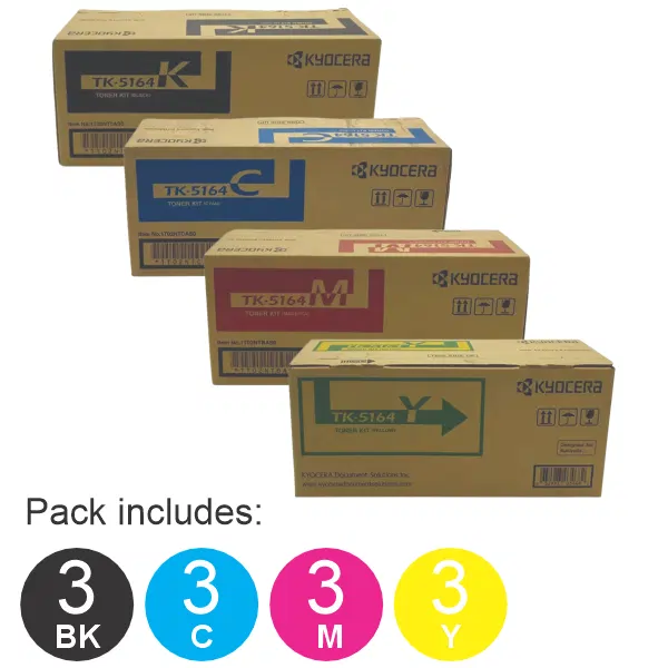 12 Pack Kyocera TK5164 (1BK,1C,1M,1Y) Toner Cartridges