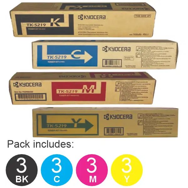 12 Pack Kyocera TK5219 (1BK,1C,1M,1Y) Toner Cartridges