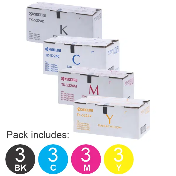 12 Pack Kyocera TK5224 (1BK,1C,1M,1Y) Toner Cartridges