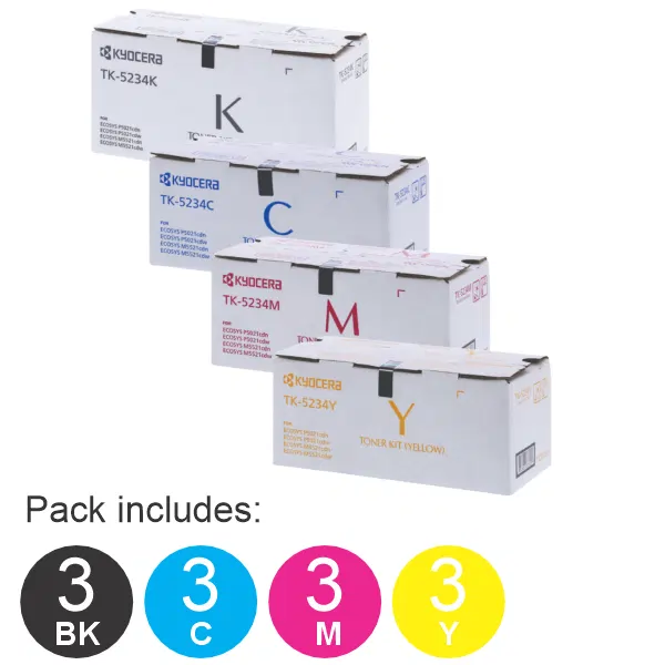 12 Pack Kyocera TK5234(1BK,1C,1M,1Y) Toner Cartridges