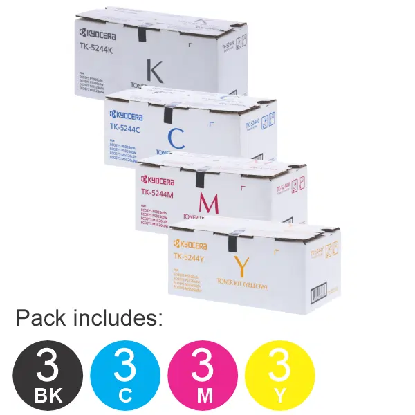 12 Pack Kyocera TK5244 (1BK,1C,1M,1Y) Toner Cartridges