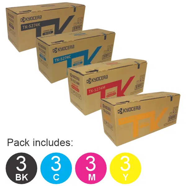 12 Pack Kyocera TK5274 (1BK,1C,1M,1Y) Toner Cartridges