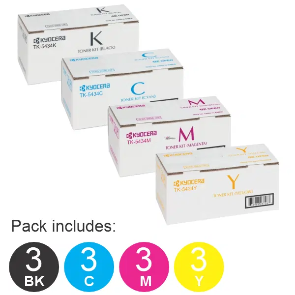 12 Pack Kyocera TK5434 (1BK,1C,1M,1Y) Toner Cartridges