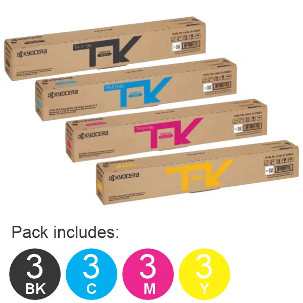 12 Pack Kyocera TK8119 (1BK,1C,1M,1Y) Toner Cartridges