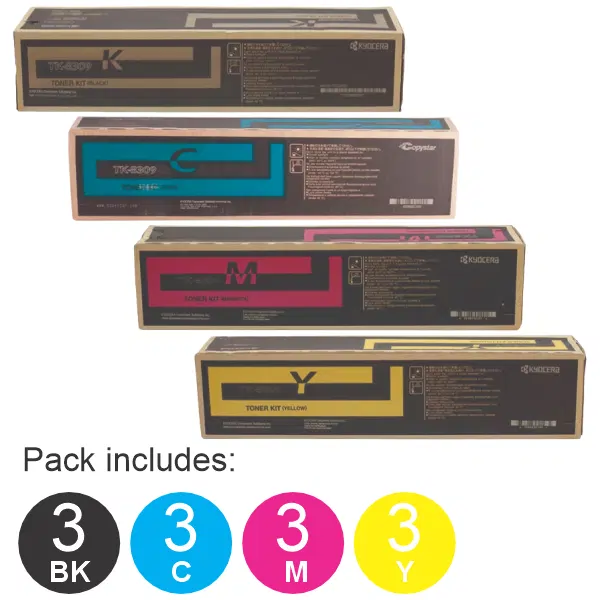 12 Pack Kyocera TK8309 (1BK,1C,1M,1Y) Toner Cartridges