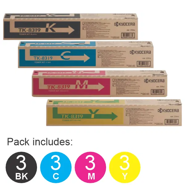 12 Pack Kyocera TK8319 (1BK,1C,1M,1Y) Toner Cartridges