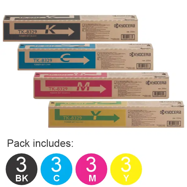 12 Pack Kyocera TK8329 (1BK,1C,1M,1Y) Toner Cartridges