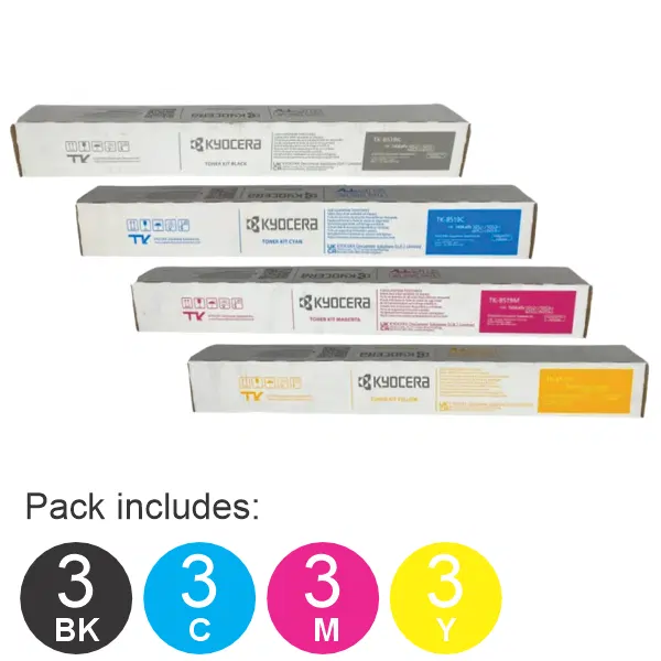 12 Pack Kyocera TK8519 (1BK,1C,1M,1Y) Toner Cartridges