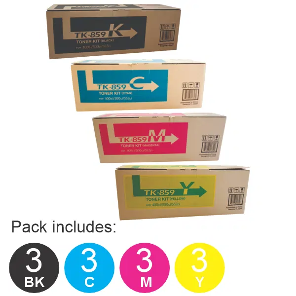 12 Pack Kyocera TK859 (1BK,1C,1M,1Y) Toner Cartridges