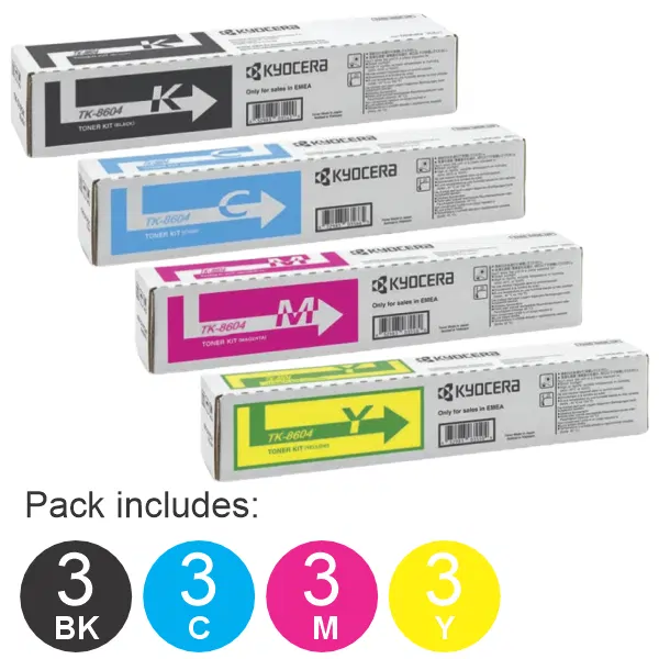 12 Pack Kyocera TK8604 (1BK,1C,1M,1Y) Toner Cartridges