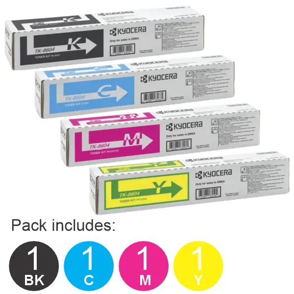 4 Pack Kyocera TK8604 (1BK,1C,1M,1Y) Toner Cartridges