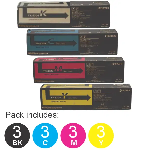 12 Pack Kyocera TK8709 (1BK,1C,1M,1Y) Toner Cartridges