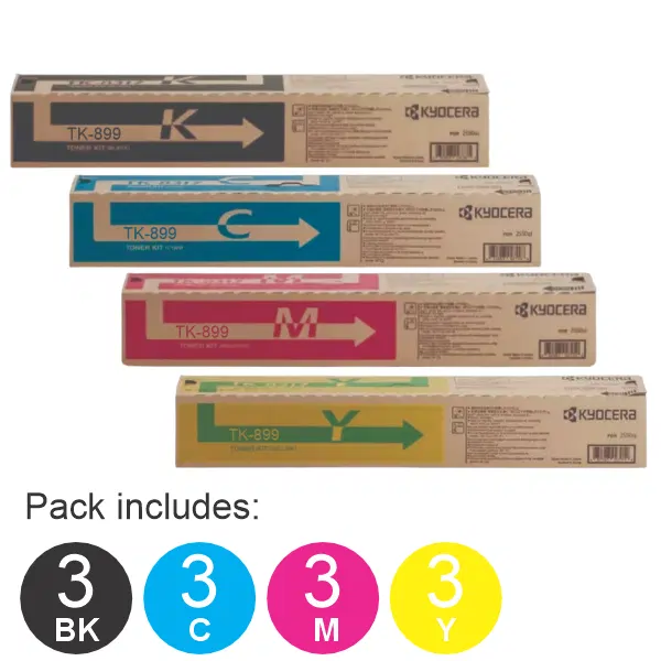 12 Pack Kyocera TK899 (1BK,1C,1M,1Y) Toner Cartridges