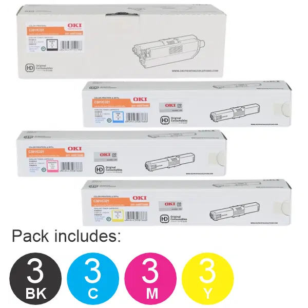 12 Pack OKI C301 (3BK,3C,3M,3Y) Toner Cartridges