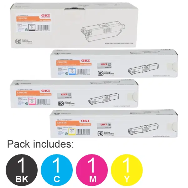 4 Pack OKI C301 (1BK,1C,1M,1Y) Toner Cartridges