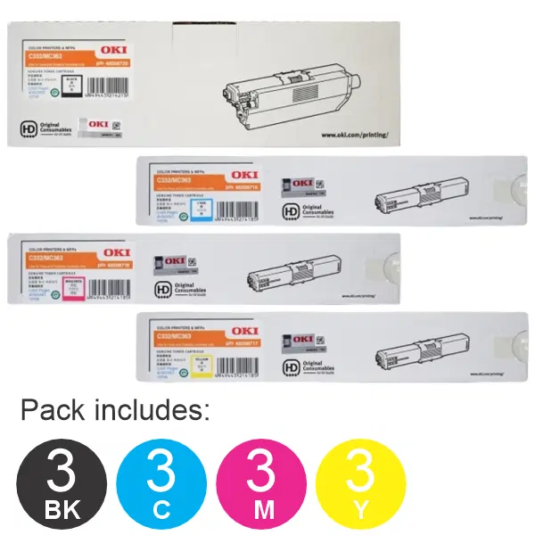 12 Pack OKI C332DN (1BK,1C,1M,1Y) Toner Cartridges