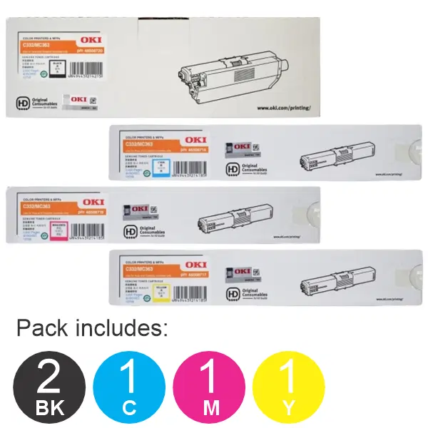 5 Pack OKI C332DN (1BK,1C,1M,1Y) Toner Cartridges