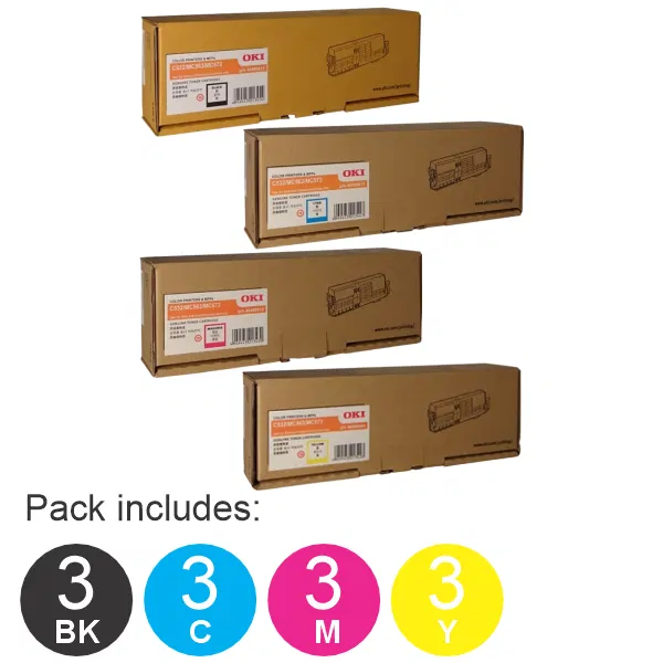 12 Pack OKI C532DN (3BK,3C,3M,3Y) Toner Cartridges