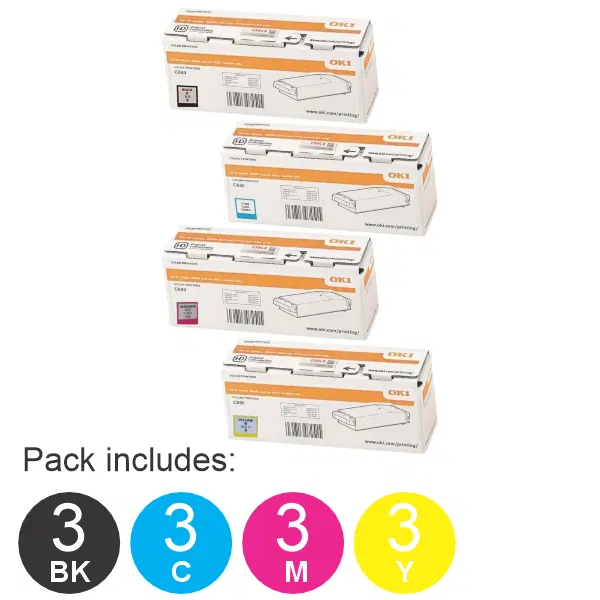 12 Pack OKI C650DN (3BK,3C,3M,3Y) Toner Cartridges