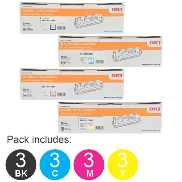 12 Pack OKI C831N (3BK,3C,3M,3Y) Toner Cartridges