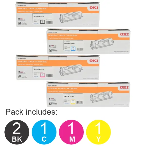 5 Pack OKI C831N (2BK,1C,1M,1Y) Toner Cartridges