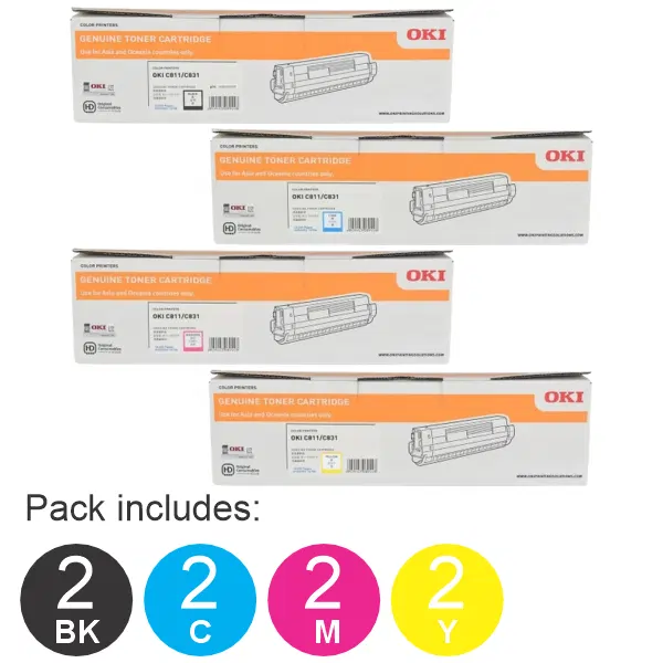 8 Pack OKI C831N (2BK,2C,2M,2Y) Toner Cartridges