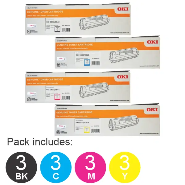 12 Pack OKI C833N (1BK,1C,1M,1Y) Toner Cartridges 46443108 46443107 46443106 46443105