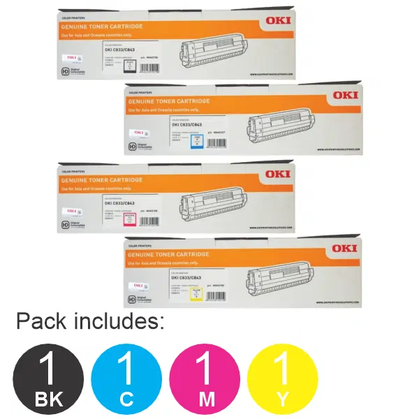 4 Pack OKI C833N (1BK,1C,1M,1Y) Toner Cartridges 46443108 46443107 46443106 46443105