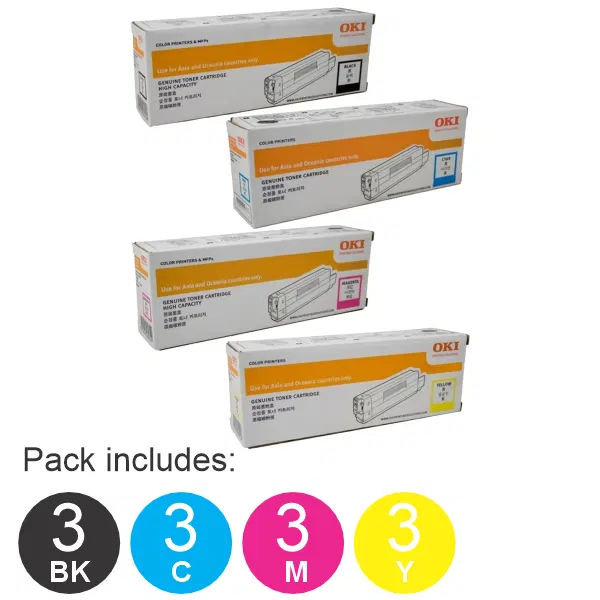 12 Pack OKI C834 (1BK,1C,1M,1Y) Toner Cartridges