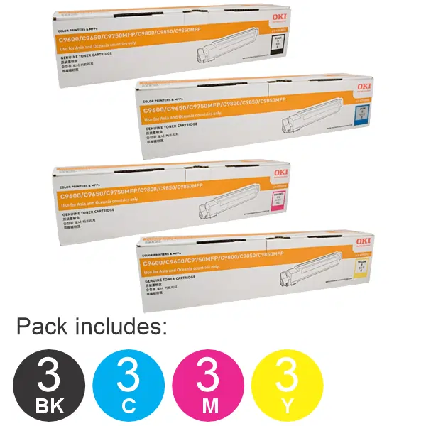 12 Pack OKI C9600 (1BK,1C,1M,1Y) Toner Cartridges