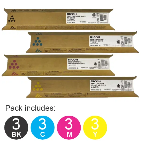 12 Pack Ricoh MPC2030 (1BK,1C,1M,1Y) Toner Cartridges