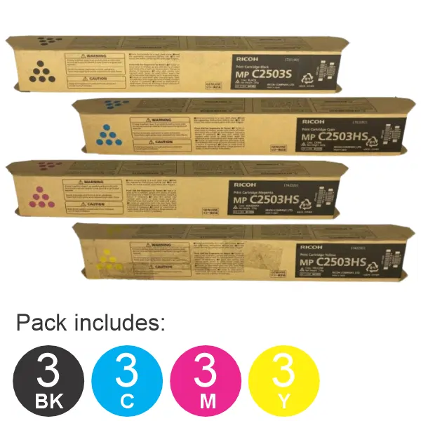 12 Pack Ricoh MPC2003 (1BK,1C,1M,1Y) Toner Cartridges