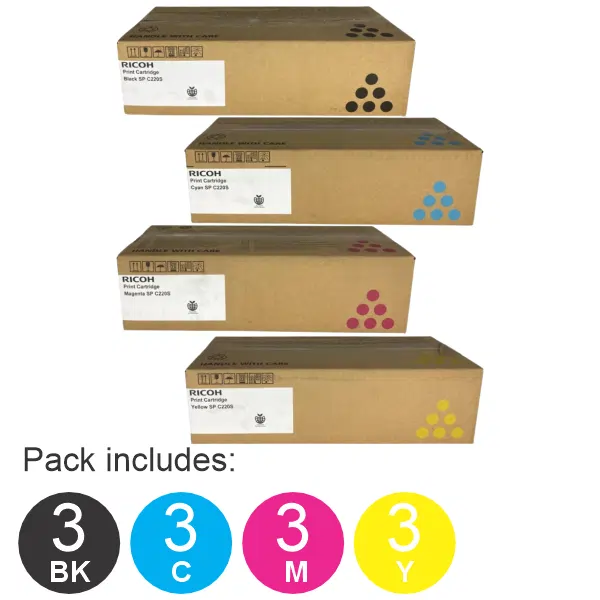 12 Pack Ricoh/Lanier Type 220 (1BK,1C,1M,1Y) Toner Cartridges