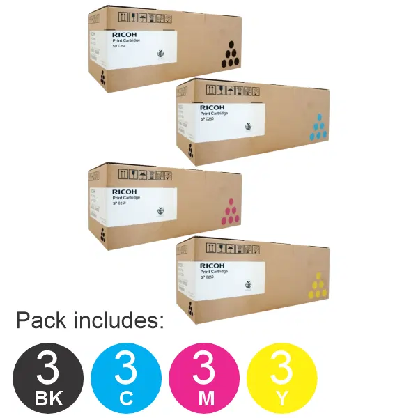 12 Pack Ricoh SPC250 (1BK,1C,1M,1Y) Toner Cartridges