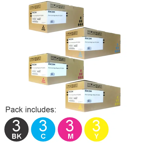 12 Pack Ricoh SPC252 (1BK,1C,1M,1Y) Toner Cartridges