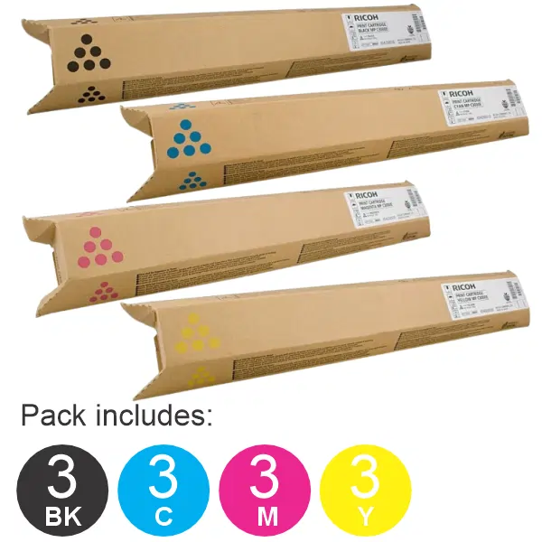 12 Pack Ricoh MPC3000 (1BK,1C,1M,1Y) Toner Cartridges