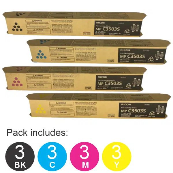 12 Pack Ricoh MPC3003 (1BK,1C,1M,1Y) Toner Cartridges