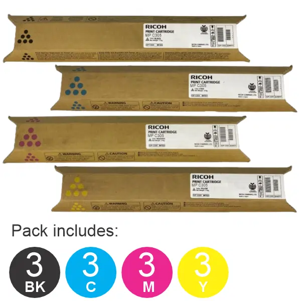 12 Pack Ricoh MPC305 (1BK,1C,1M,1Y) Toner Cartridges