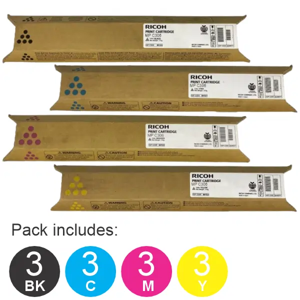 12 Pack Ricoh MPC306 (1BK,1C,1M,1Y) Toner Cartridges