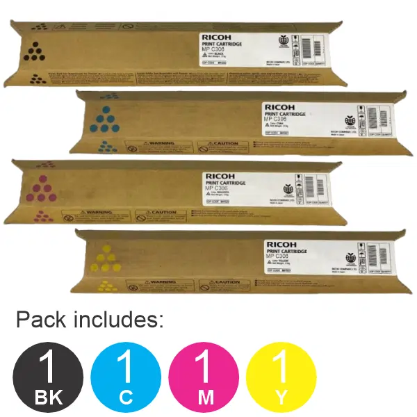 4 Pack Ricoh MPC306 (1BK,1C,1M,1Y) Toner Cartridges